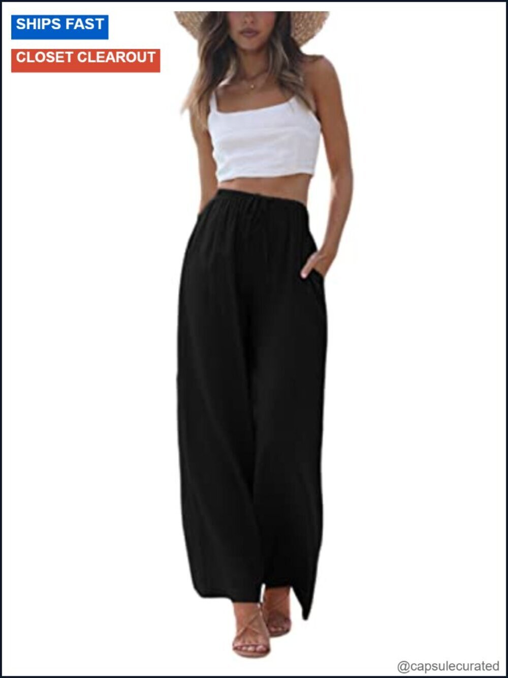 Cotton Linen Wide Leg Palazzo Pants with Pockets Drawstring Elastic Waist